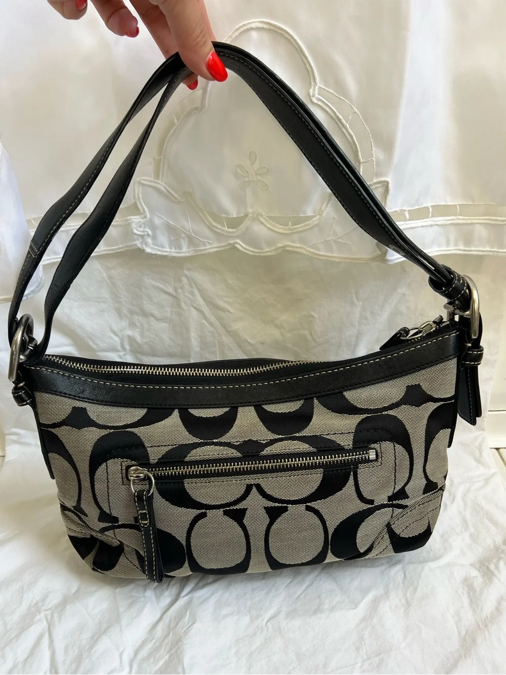 Vintage Y2K Coach F13080 Signature C Jacquard Black Shoulder Bag